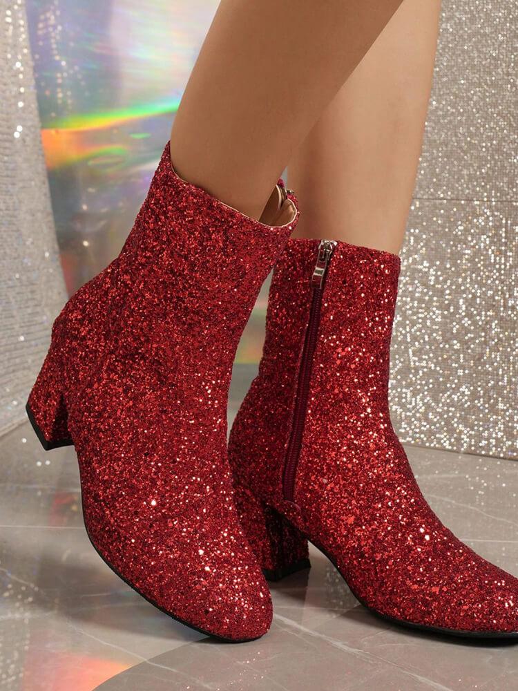Women's Round-toed Sequined Heeled Boots