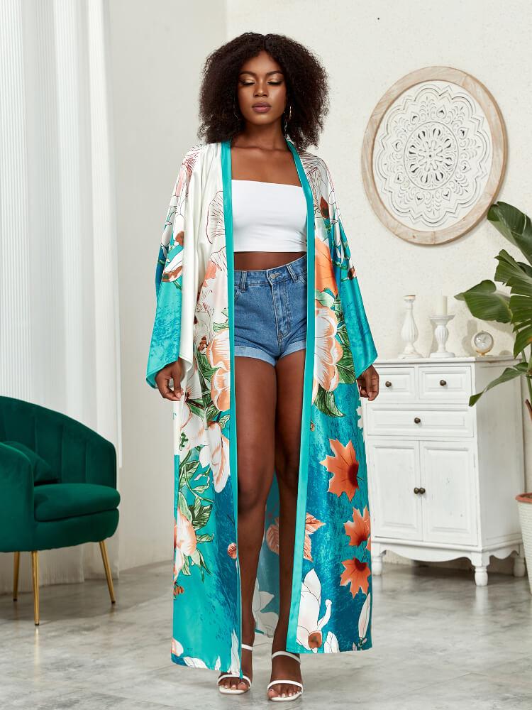 Floral Print Gown Loose Vacation Cardigan