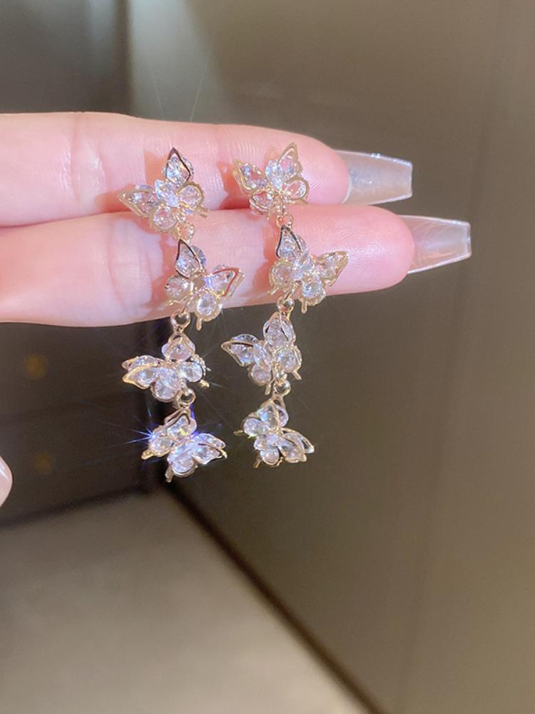 Silver Zircon Butterfly Tassel Earrings