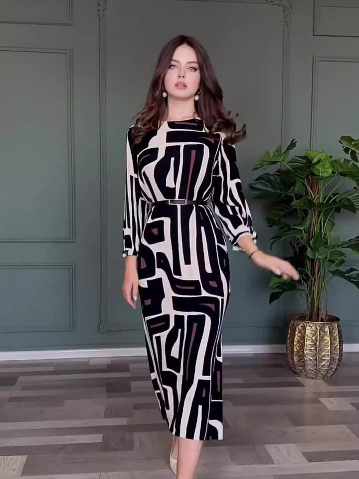 Elegant Geometric Print Midi Dress(WithBelt)