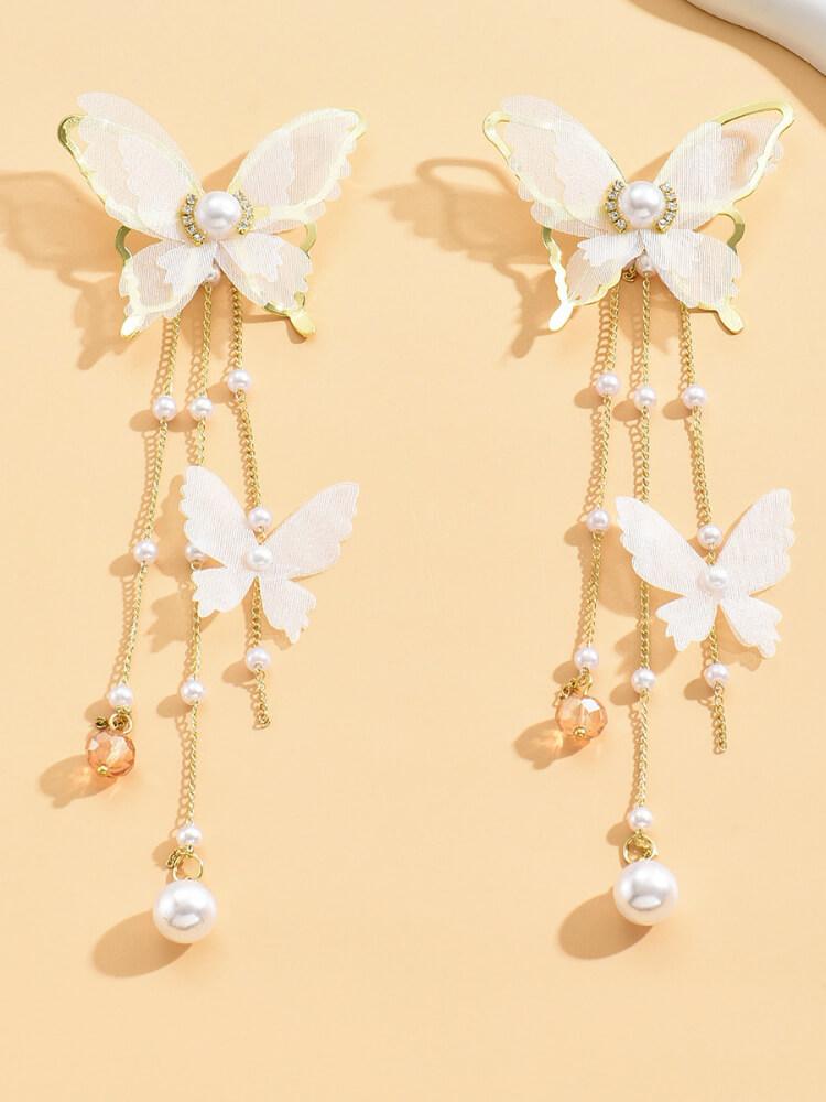 Women's Lace Pearl Diamond Butterfly Tassel Earrings