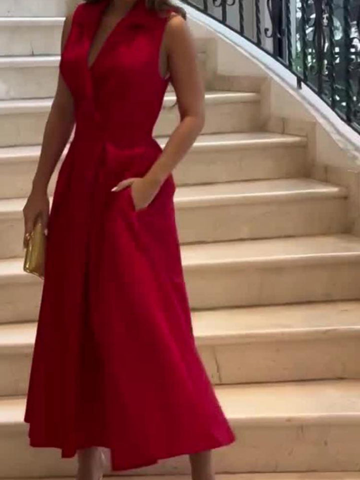 Elegant Solid Color Lappel Maxi Dress