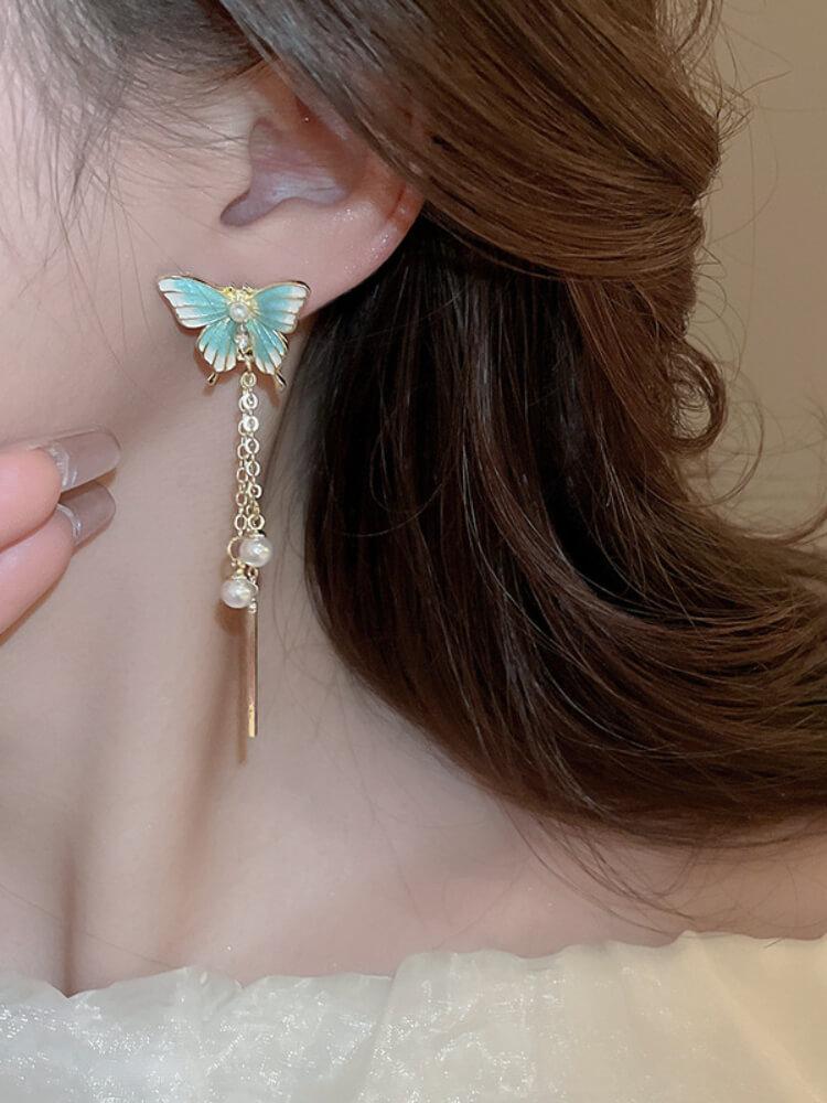 Silver Pin Diamond Butterfly Pearl Tassel Earrings