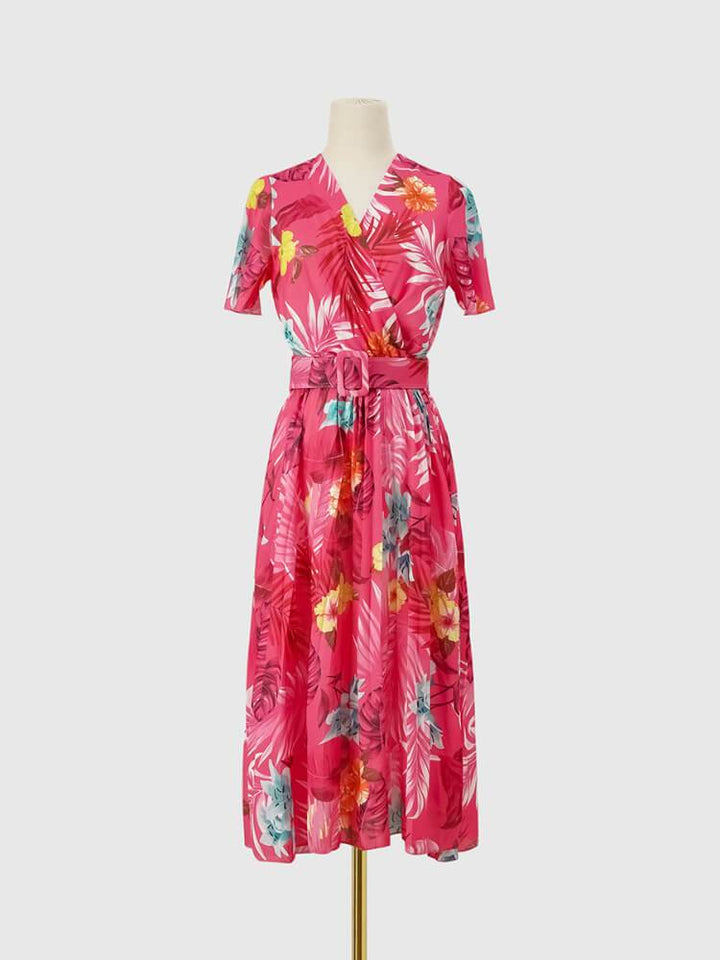Women's Printed Pleated Short Sleeve Midi Dress