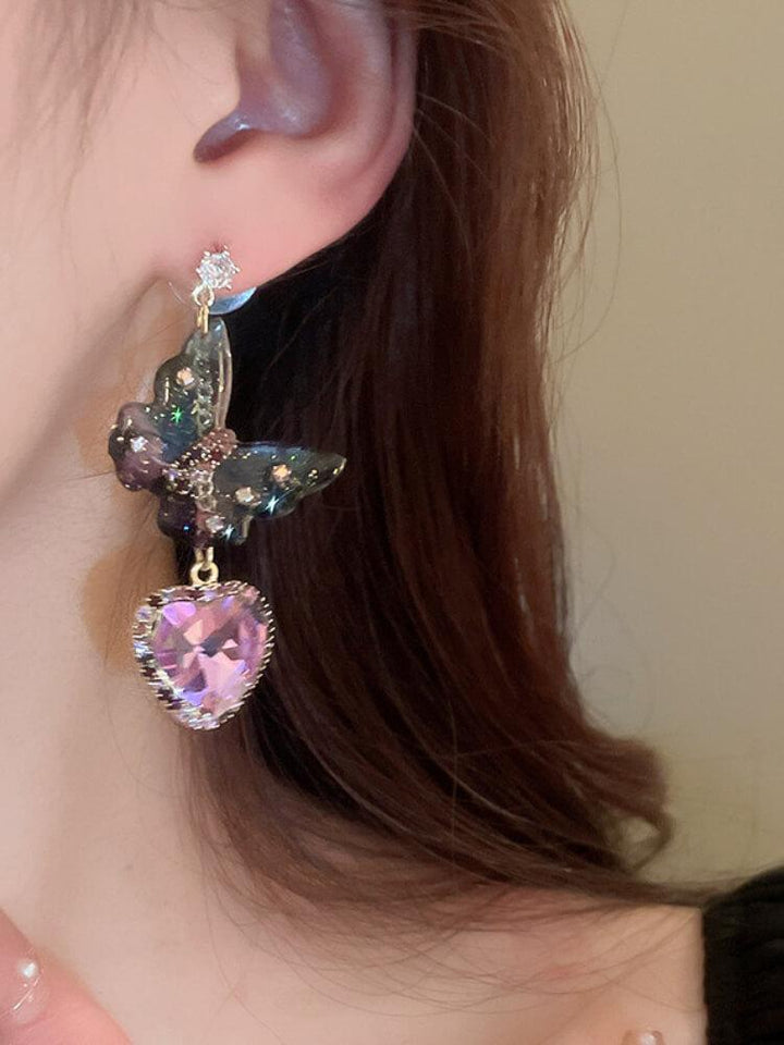 Silver Needle Zircon Butterfly Tassel Love Earrings