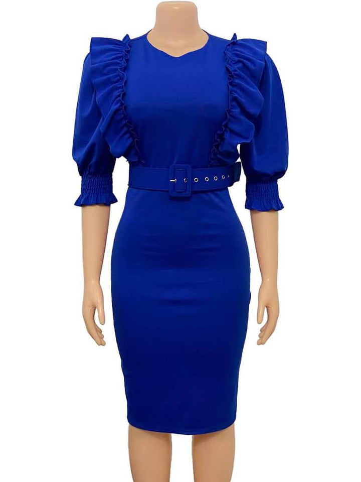 Elegant Slim-Fit Solid Puff Sleeve Midi Dress