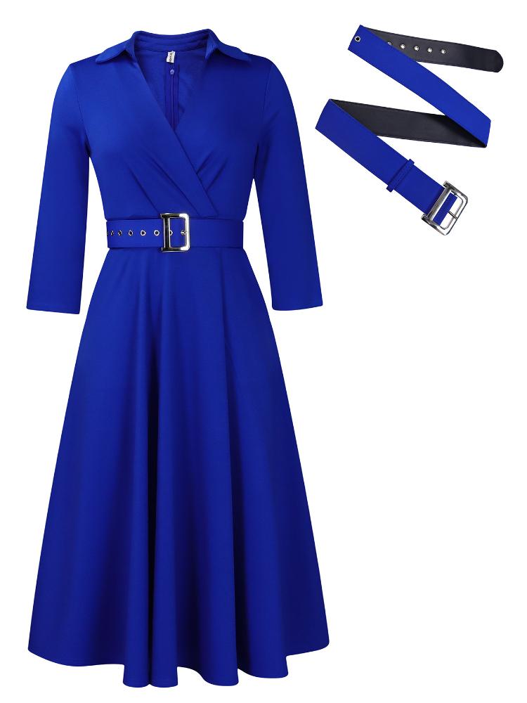High-Waisted Turndown Collar Midi Dress(WithBelt)