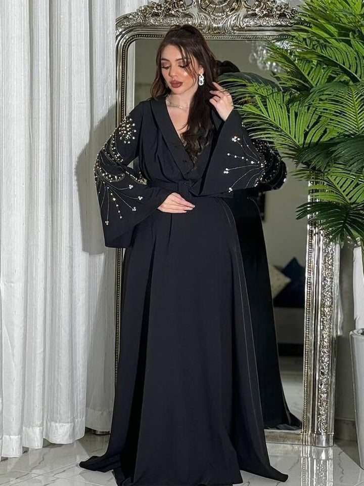 Rhinestone V-Neck Elegant Robe Dress With Belt