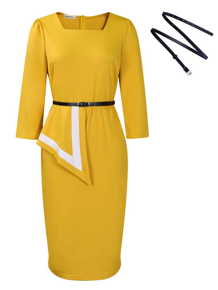 Elegant Solid Color Tight Hip Midi Dress(WithBelt)