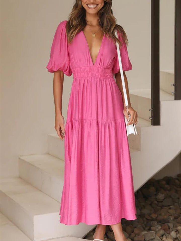 Elegant Solid Color V-Neck Midi Dress