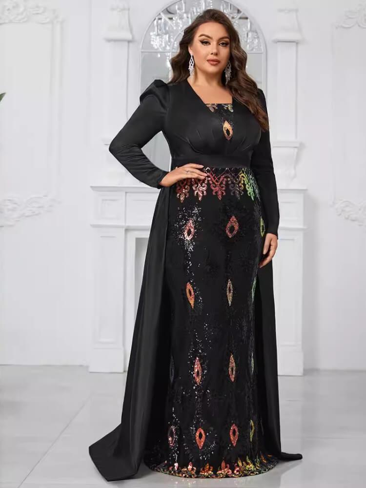 Plus Size Sequined Colored Long Sleeve Evening Dress