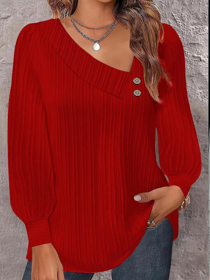 Women's V-Neck Button Solid Color Long Sleeve Shirt