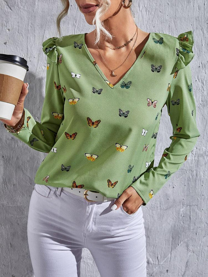 Women's V-Neck Long Sleeve Butterfly Print Shirt