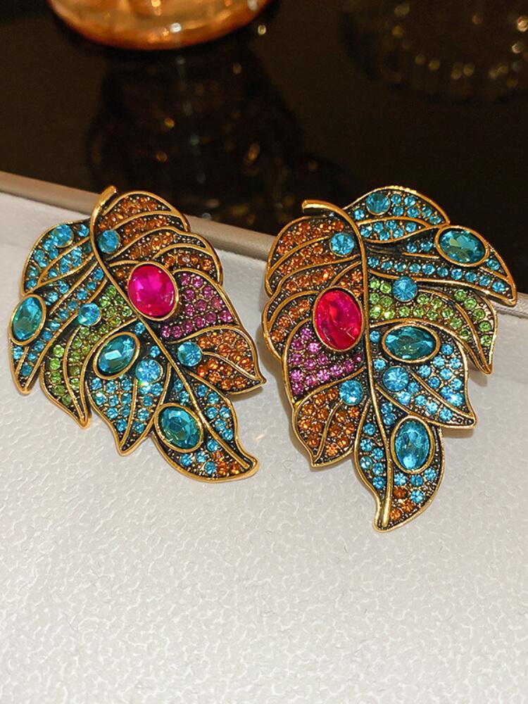 Silver Pin Diamond Oval Leaf Earrings