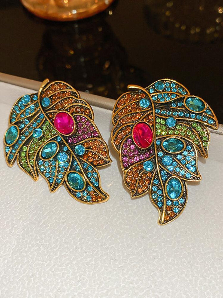 Silver Pin Diamond Oval Leaf Earrings