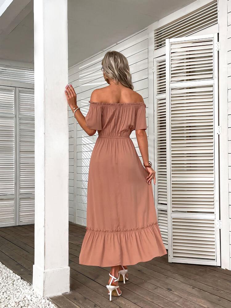 Solid Color Elastic-Waist Off-Shoulder Midi Dress