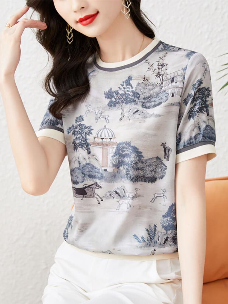 Women's Short-sleeve Printed Silk T-shirt Top
