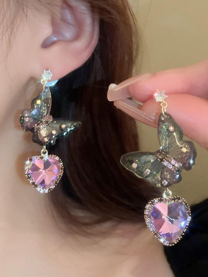 Silver Needle Zircon Butterfly Tassel Love Earrings