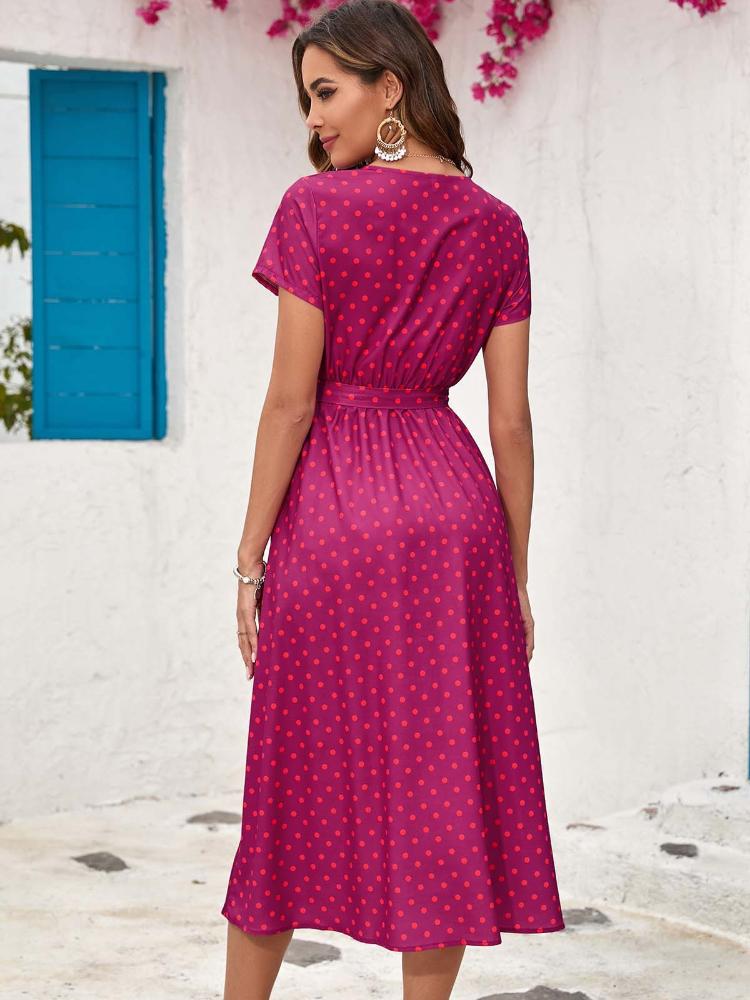 Printed Lace-Up Split V-Neck Midi Dress