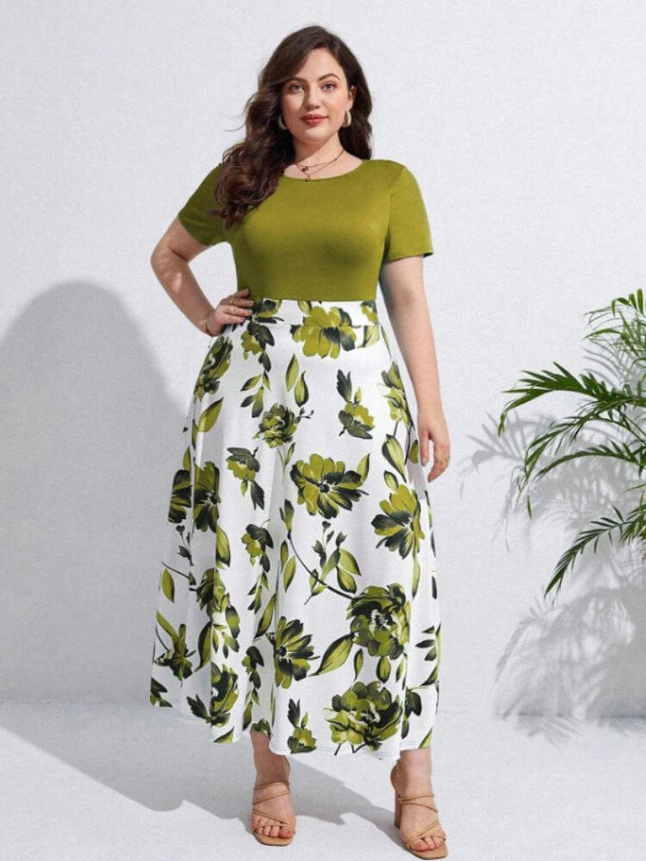 Colorblock Printed Short-Sleeve Plus Size Dress