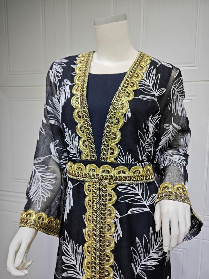Mesh Embroidery Golden Color Ribbon Dress Sets