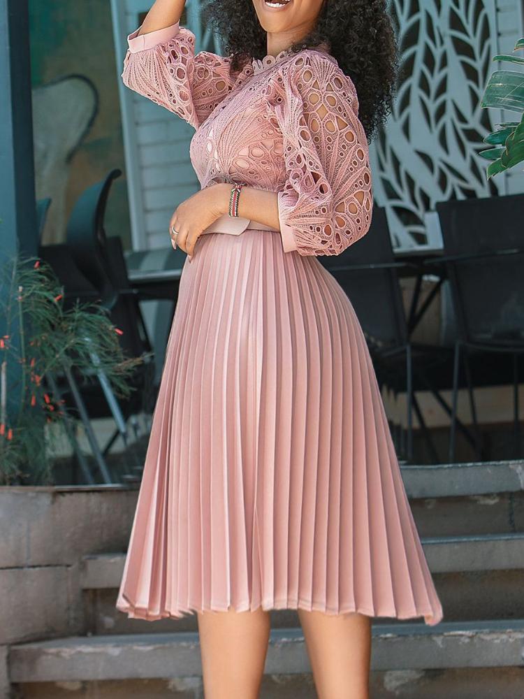 Lace Pleated Midi Dress(WithBelt)
