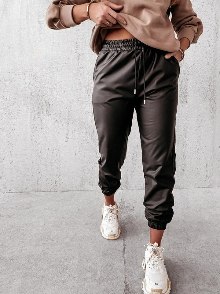 Women's Solid Color Casual Leather Pants
