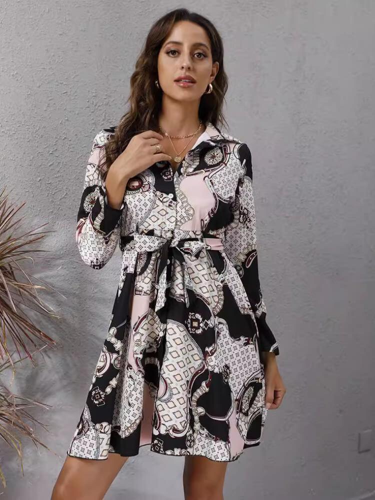 Lace-up Single-breasted Long-sleeve Dress