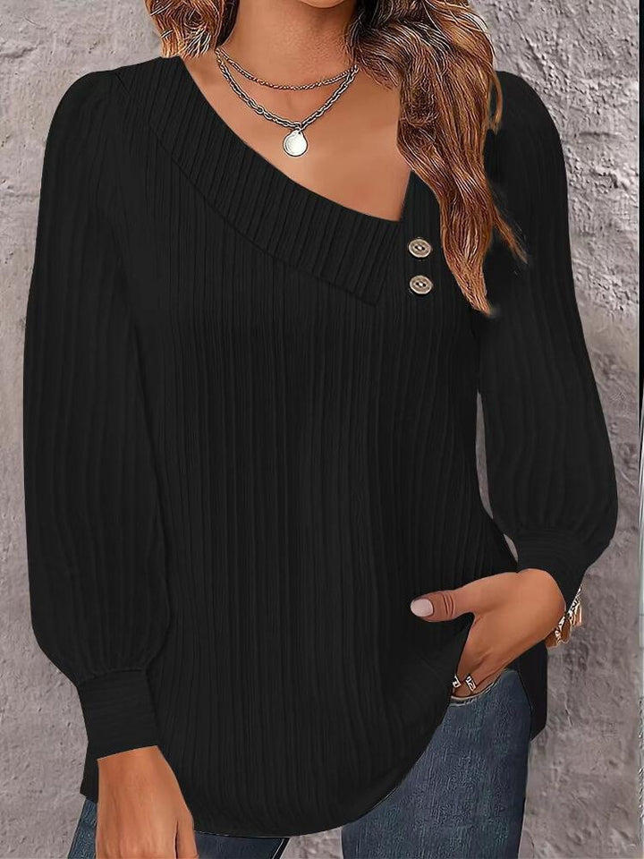 Women's V-Neck Button Solid Color Long Sleeve Shirt