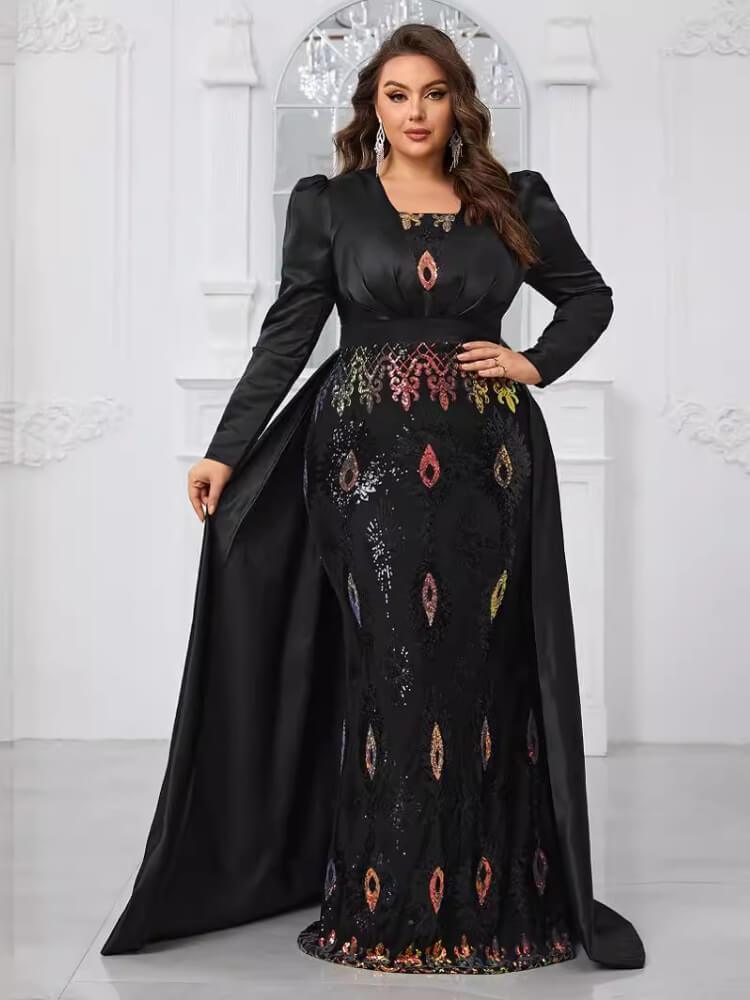 Plus Size Sequined Colored Long Sleeve Evening Dress