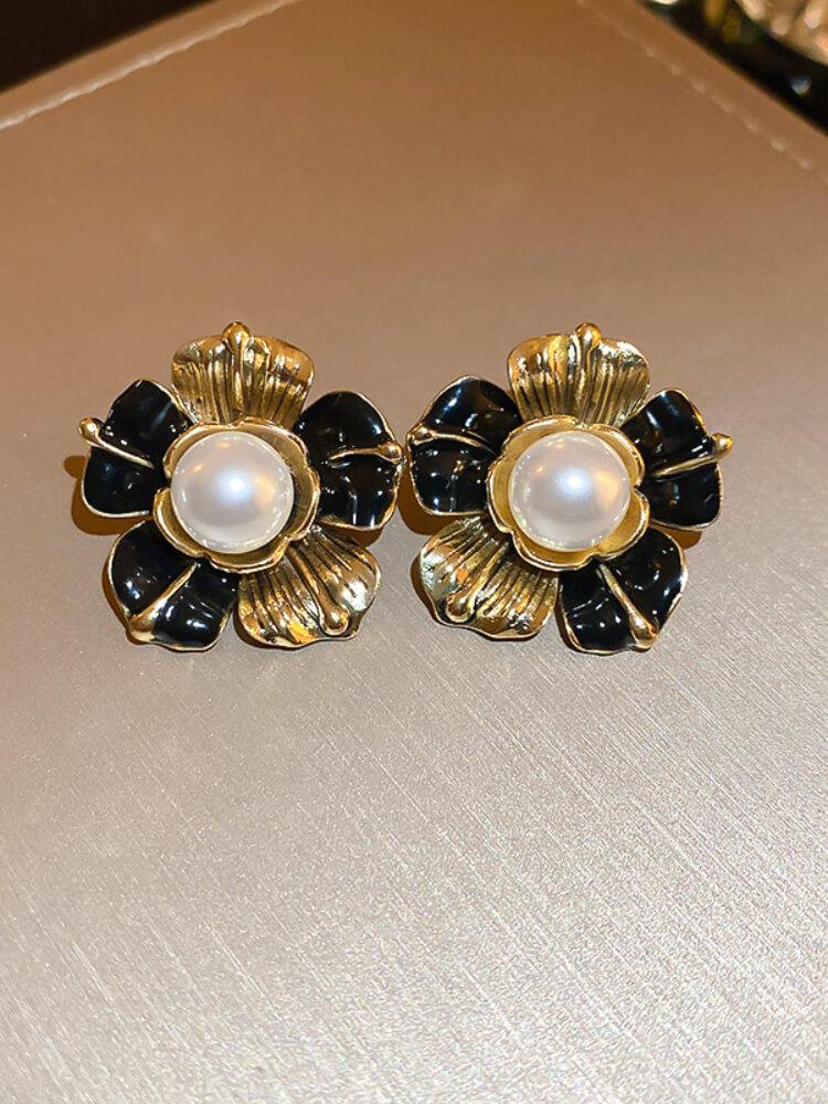 Silver Needle Flower Pearl Earrings