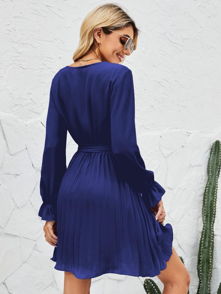 Solid Color V-Neck Pleated Midi Dress