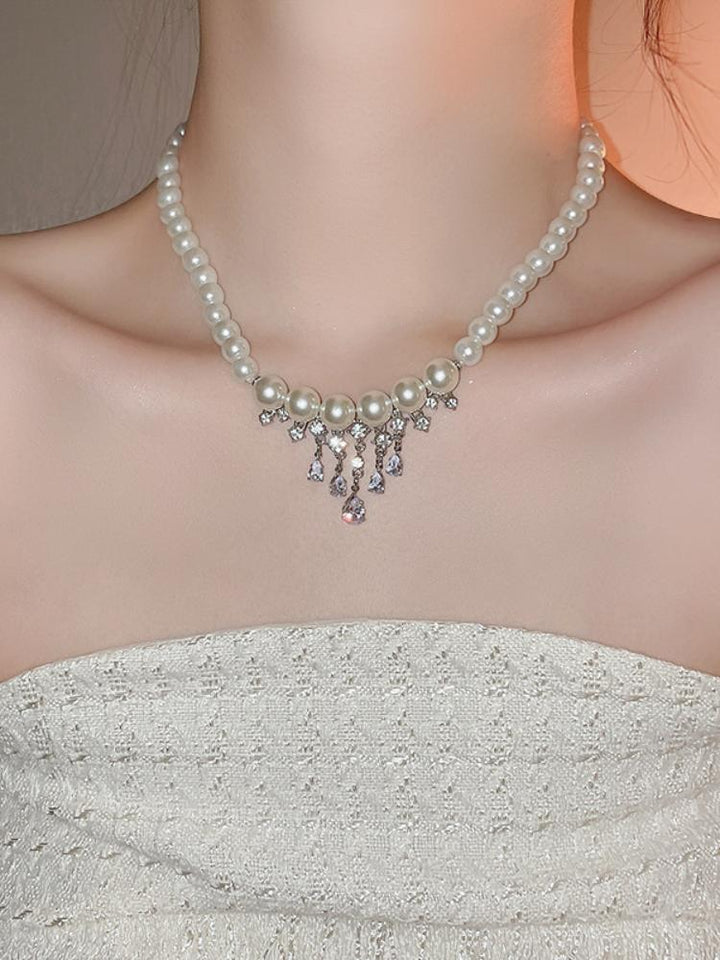 Diamond-Encrusted Water Drop Pearl Necklace