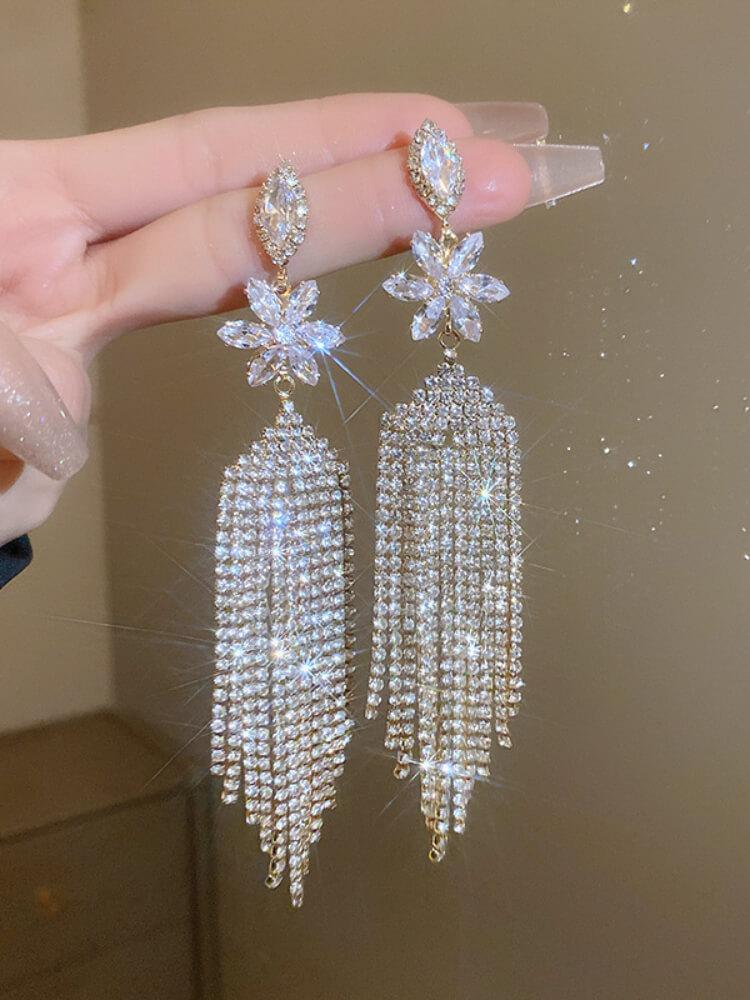 Diamond-Encrusted Zircon Flower Long Tassel Earrings