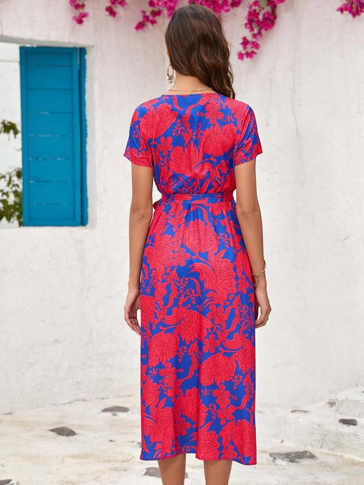 Printed Lace-Up Split V-Neck Midi Dress