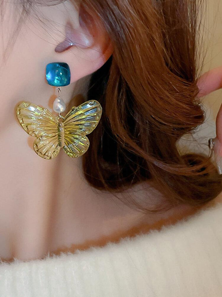 Women's Silver Pin Resin Butterfly Square Earrings