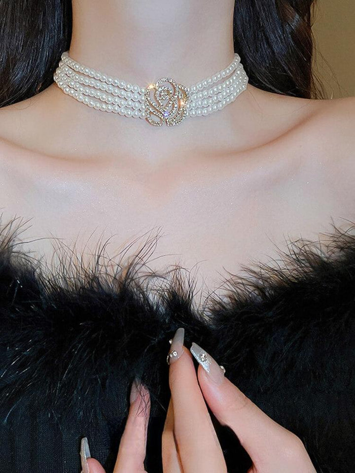 Diamond-Encrusted Pearl Openwork Flower Necklace