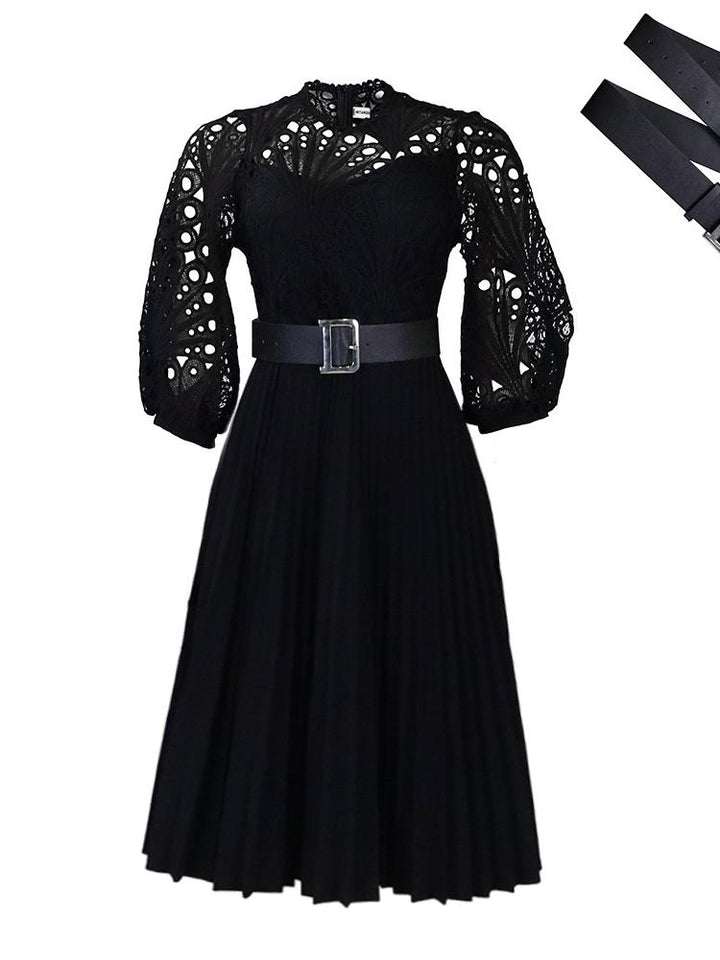 Lace Pleated Midi Dress(WithBelt)