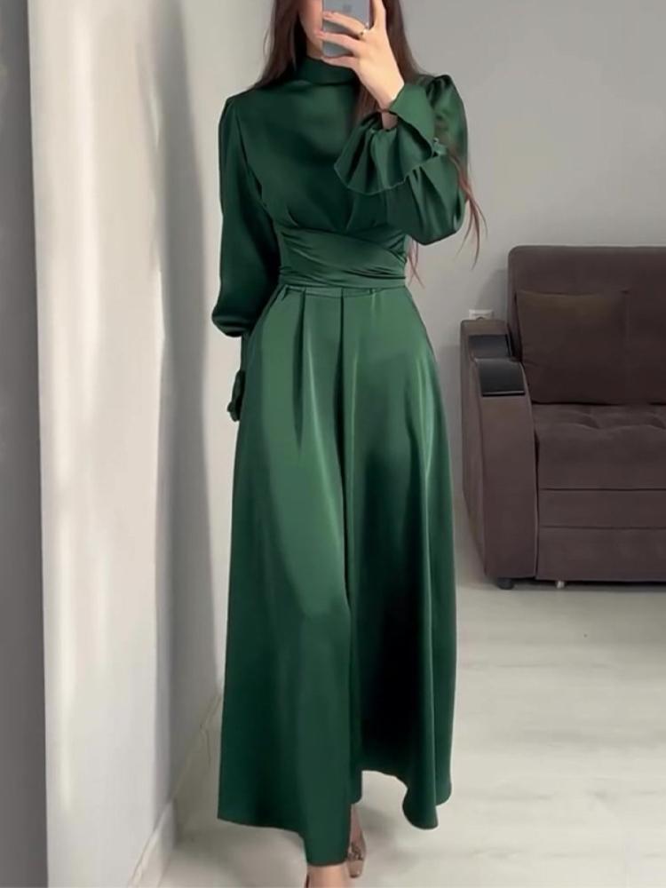 Solid Color Long-Sleeve Strap Maxi Dress
