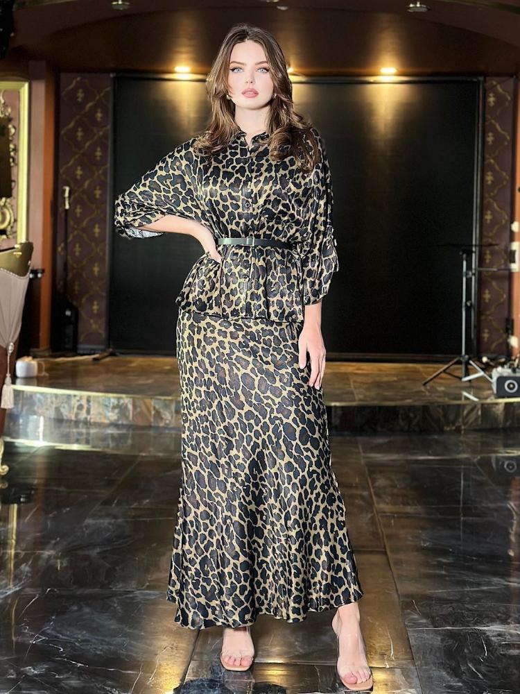 Women's Leopard Print Long Sleeve Shirt Dress Sets