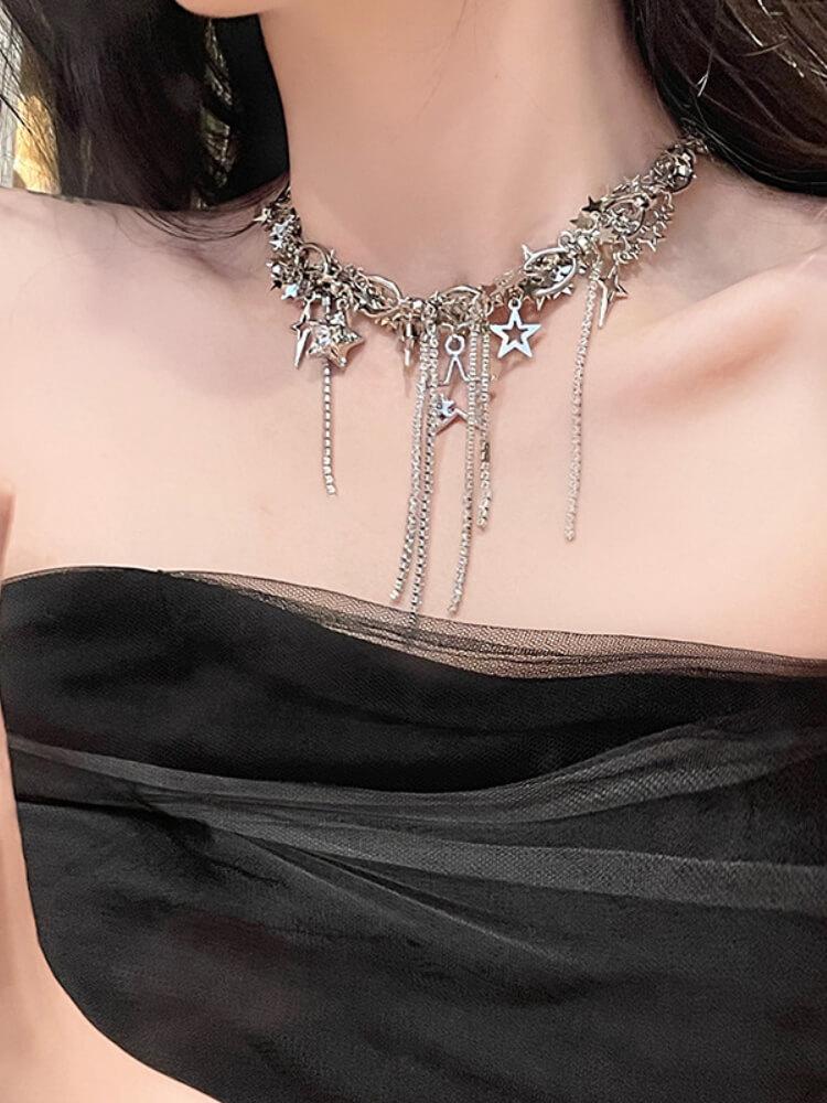 Women's Diamond Star Sequins Pierced Tassel Necklace