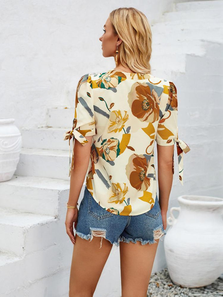Casual Floral Printed V-Neck Top