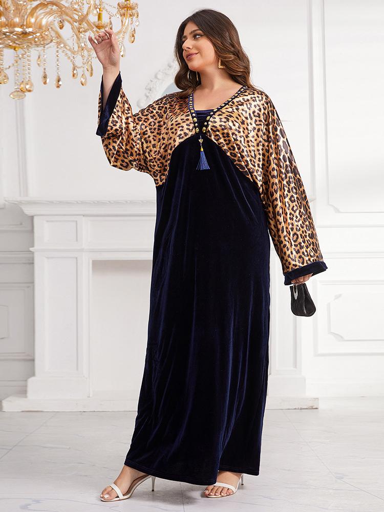 V-Neck Leopard-Print Plus Size Evening Dress