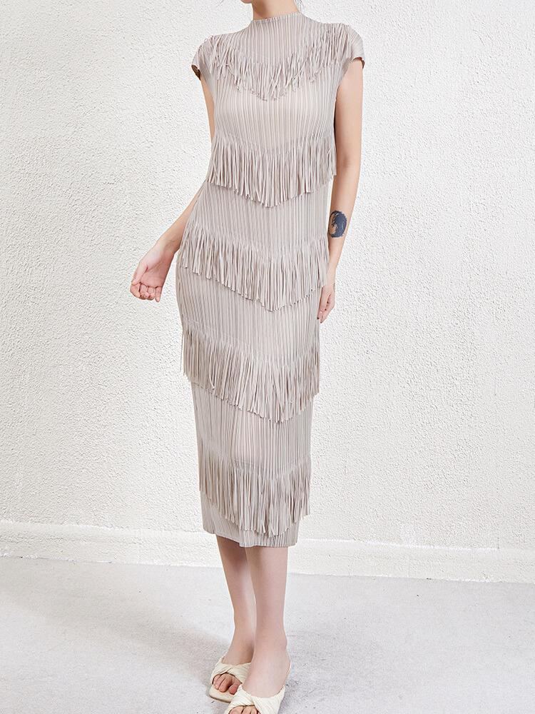 Women's Solid Color Pleated Fringe Gown Midi Dress