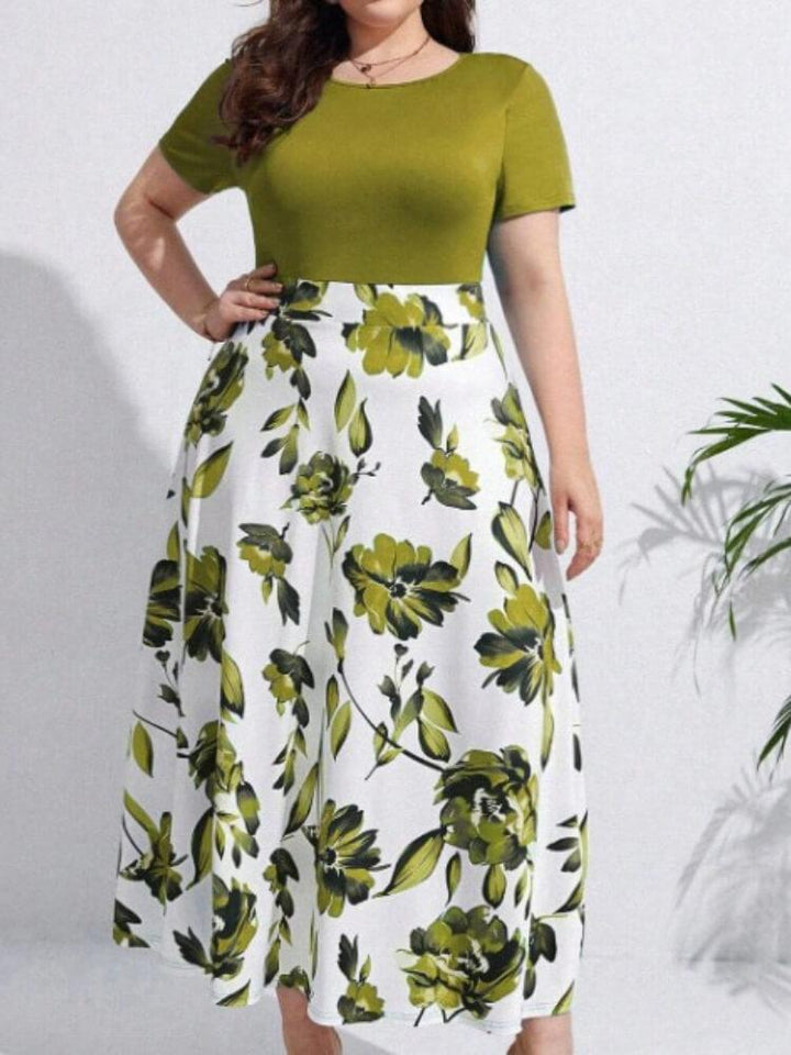Colorblock Printed Short-Sleeve Plus Size Dress