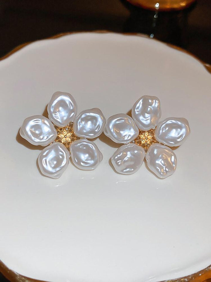 Silver Needle Flower Baroque Pearl Earrings