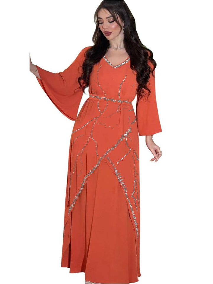 Rhinestone Chiffon Jalabiya Dress With Belt