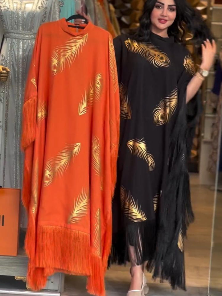 Bronzing Printed Batwing Sleeve Tassel Kaftan Dress