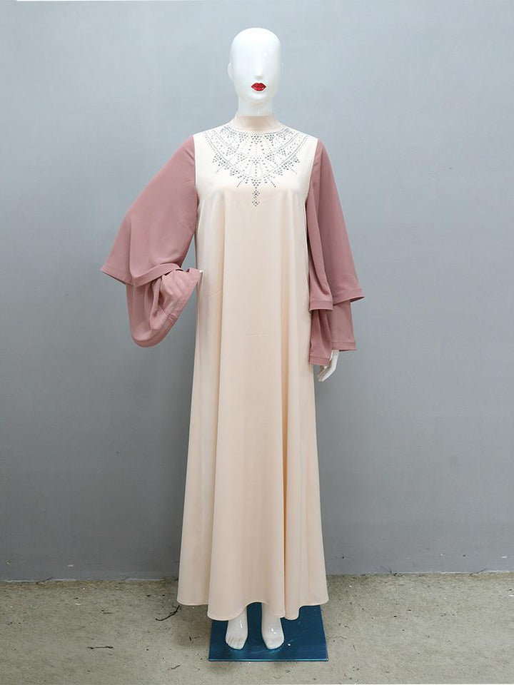 Colorblock Bell-Sleeve Diamond-Led Satin Jalabiya Dress