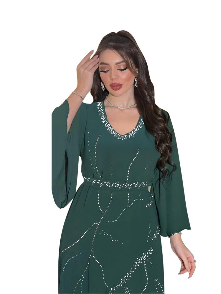 Rhinestone Chiffon Jalabiya Dress With Belt